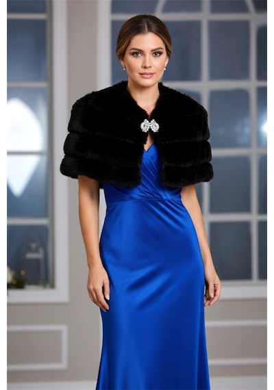 Veraura Lifestyle Siyah Kat Kat Broşlu Kürk Etol Bolero