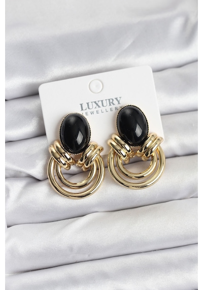 Pirinç Gold Renk Siyah Taşlı Vintage Kadın Küpe Altın