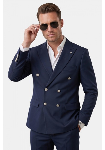 Deepsea Erkek Lacivert Slim Fit Kruvaze Takım Elbise Likralı Çizgili Dokulu Metal Düğmeli 2600820 Deepsea Erkek Lacivert Slim Fit Kruvaze Takım Elbise Likralı Çizgili Dokulu Metal Düğmeli 2600820