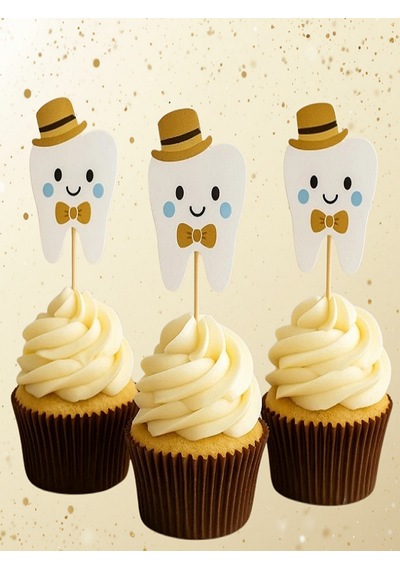 Diş Temalı Cupcake Kürdan Süsü Diş Buğdayı Parti Süsü Pasta Üstü Kürdan Dekoru Baby Tooth Konsepti 8 Adet