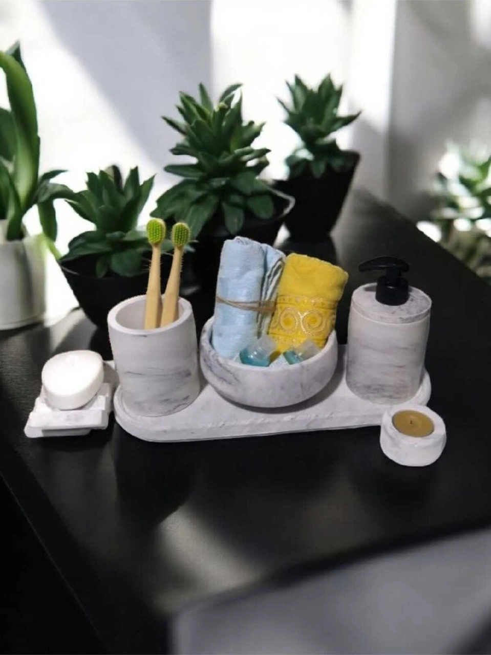 Marble Serisi 6'lı Banyo Seti ,sıvı Sabunluk Diş Fırçalığı Beton Aksesuar Takımı Gri