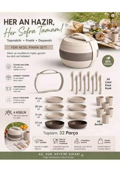 32 Parça 6 Kişilik Taşınabilir Küre Piknik Seti Bej