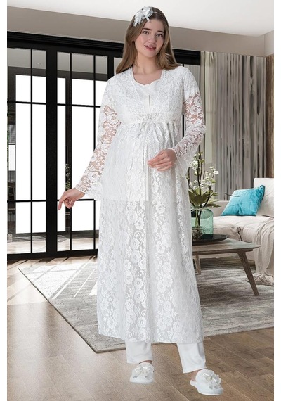 Mecit Pijama Mecit 6000 Bayan Ekru Dantel Sabahlık Hamile Lohusa Pijama Takımı 001