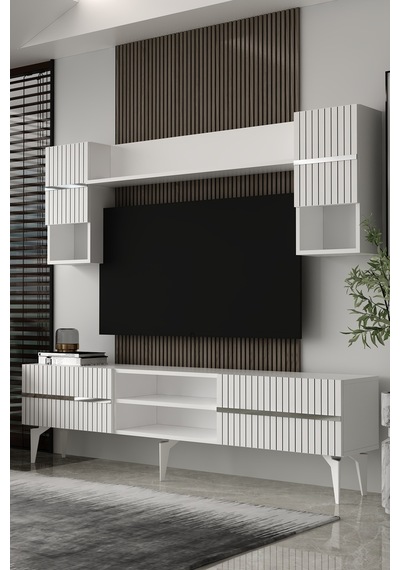 180dhdtür5bg Tedy Lazer Pleksi Desenli Raflı Tv Ünitesi Takımı Beyaz-gümüş