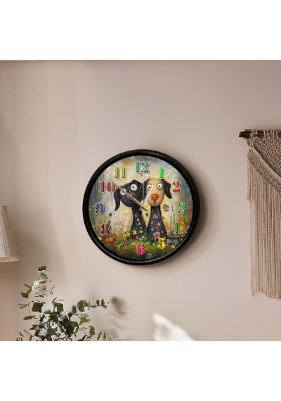 Sevimli İkili Köpek Temalı Duvar Saati 28 Cm Sessiz Mekanizma Eğlenceli Dekor Çok Renkli