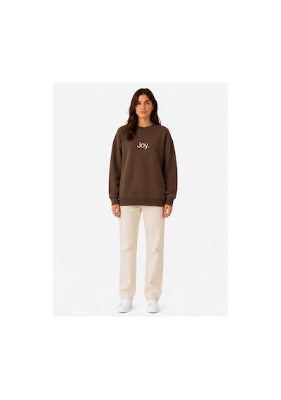 Herkesemoda Joy Baskı Detaylı Şardonlu 2 İplik Bisiklet Yaka Sweatshirt Kahverengi