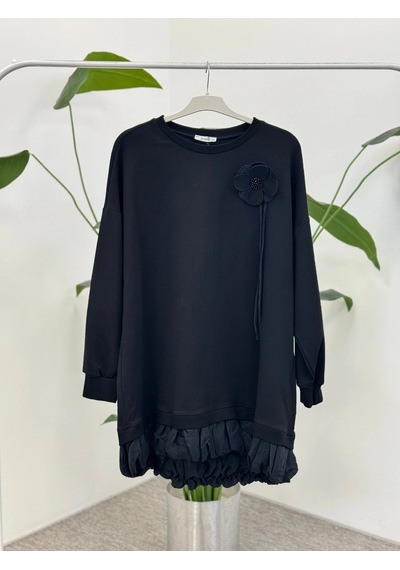 Puane Yaka Çiçek Aplikeli Tunik 10815 Siyah