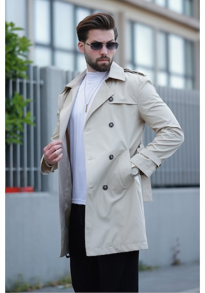 Erkek Premium Apoletli Deri Trençkot & Pardesü Krem