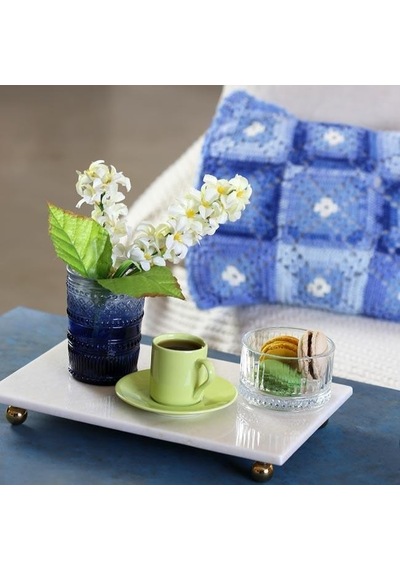 Akayev Mermer Beyaz 30x20 Cm Boncuk Ayaklı Sunum Tabağı Çok Renkli