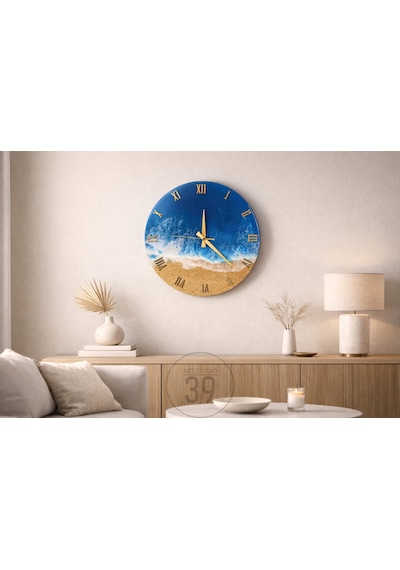 Okyanus Koleksiyonu -karayipler- Epoksi Duvar Saati 40 Cm, Modern Tasarım, Altın Roma Rakamlı, Sessiz Mekanizma Okyanus
