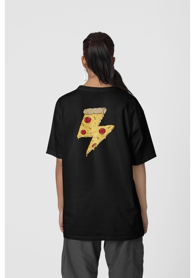 Pizza Ön-arka Baskılı %100 Pamuk Beyaz Kadın/erkek Unisex Rahat Kalıp Oversize T-shirt Siyah