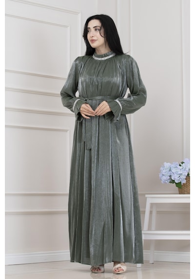 Simli Taşlı Abiye Elbise-mint Yeşili-5571 Mint Yeşili
