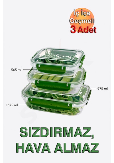 Lock&fresh Master Dikdörtgen Saklama Kabı 565,975,1675 Ml Üçlü Set Yeşil