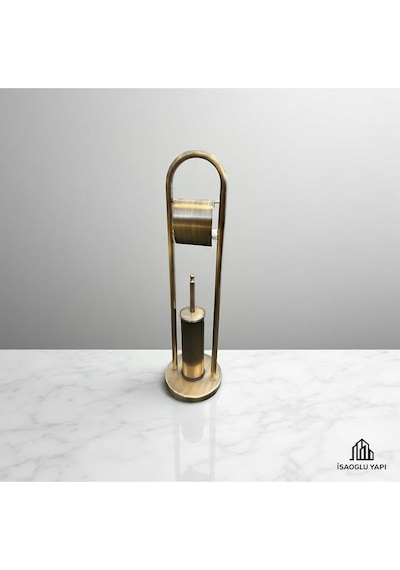 İsaoğlu Yapı Antik Gold Fırça Kova Ve Tuvalet Kağıtlık Seti Pirinç Eskitme Set Çöp Kovası Gold
