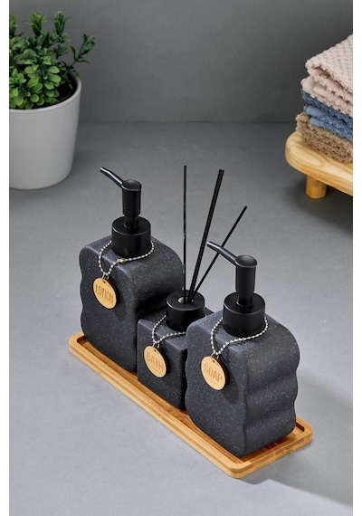 Cooker 3'lü 300 Ml Seramik Bambu Standlı Banyo Seti Ckr3883 Siyah