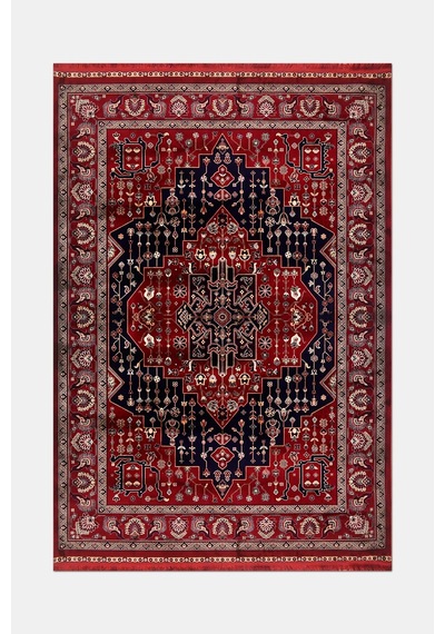 Rumi Etnik Geometrik Desenli Kırmızı Lacivert Salon Halısı Robot Süpürgeye Uyumlu Kolay Temizlenebilir Oturma Odası Halısı Kırmızı / Lacivert