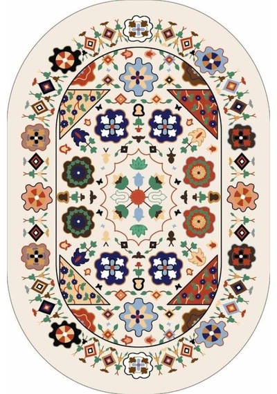 Krem Etnik Desen Banyo Halısı Klozet Oval Paspas Seti Bs082n11