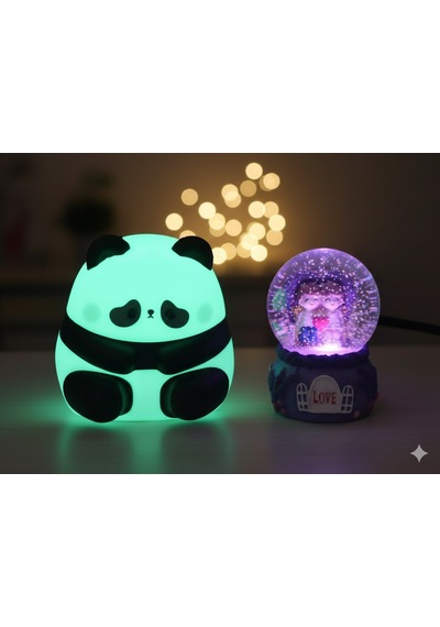 2 Li Sevgiliye Romantik Hediye Seti Slikon Panda Renkli Led Gece Lambası Ve 9 Cm Mor Kar Küresi Set Set