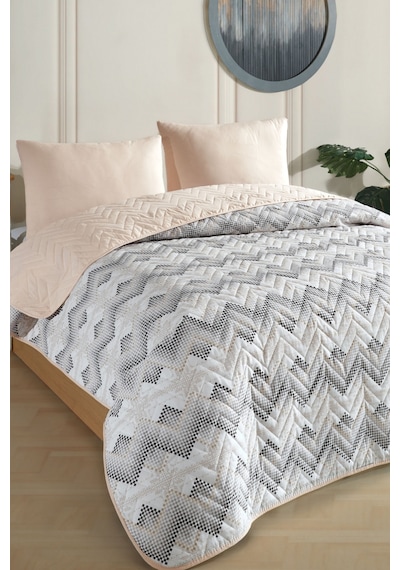 Çift Kişilik Desenli Kapitone Çift Taraflı Renkli Pike Yatak Örtüsü Takımı 200x230 Cm Çarşafsız Bej