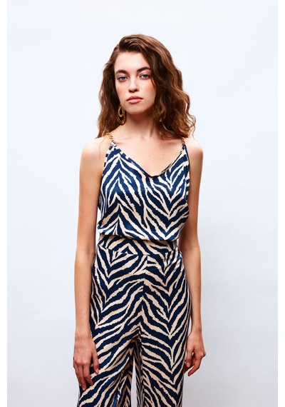 Sateen Desenli Saten Bluz - Lacivert