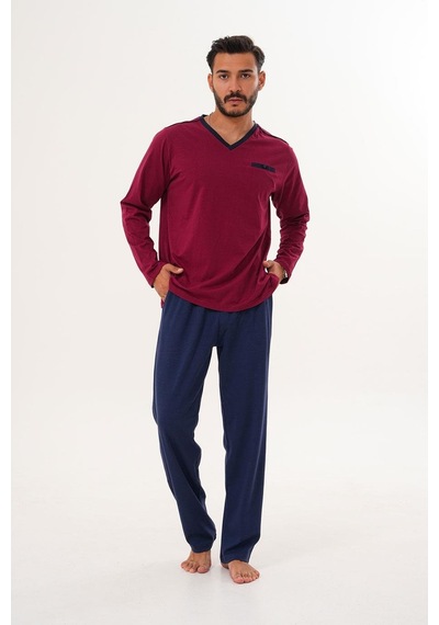 Çift Kaplan Erkek Düz V Yaka Bordo Pijama Takımı 8001 Bordo