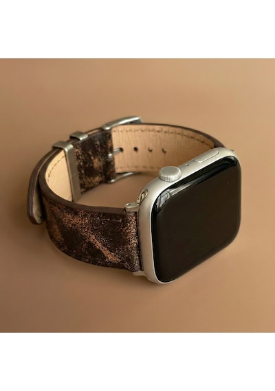 Goldoni Apple Watch Uyumlu Antik Kahverengi İnce Gerçek Deri Kordonu Metal Köprülü