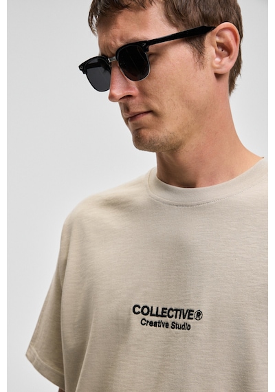 Grımelange COLLECTIVE Erkek Ön Nakış Arka Baskı Detaylı %100 Organik Pamuk Oversize Kısa Kol Taş Rengi T-Shirt