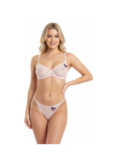 Bonbon Kadın Kelebek Figürlü Tül Transparan Balenli Pembe Renk Sütyen Ve String 2'li Takım Bb2205 Pembe