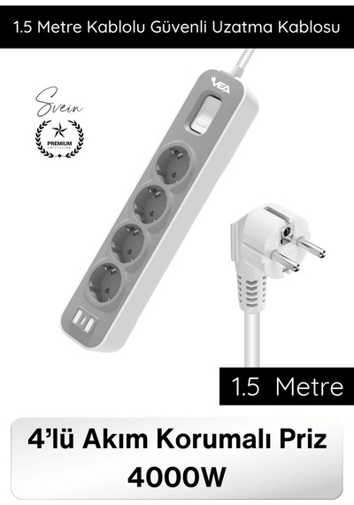 Uzatmakablo 4 Lü Akım Korumalı Priz 4000w 1.5 Metre Kablolu Çoklu Priz Aşırı Gerilim Korumalı 4 Sok Diğer