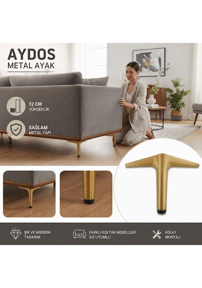 Aydos Mat Altın Metal Mobilya Ayağı 12 Cm 1 Adet Şık Dayanıklı Koltuk Sehpa Ayağı Modern Tasarım 6395751