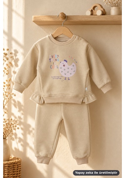 Ferasty İstanbul Unisex Bebek 2'li Takım Tavuk Baskılı Every Thing Is Cool Bej
