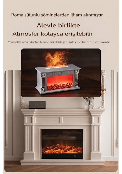 Exenar - Siyah - Şömine Alev Efektli Ultrasonik Hava Nemlendirici Uzaktan Kumanda Aromaterapi Buhar Makinesi 300ml