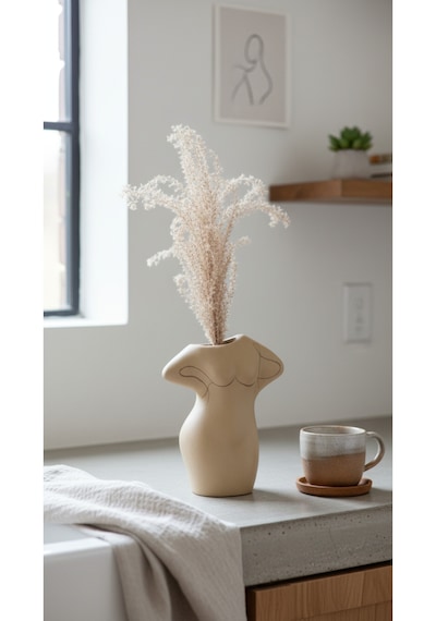 Terracotta Gövde Şekilli Dekoratif Vazo Kahverengi Toprak Modern Salon Konsol Bohem Ev Dekoru 16 Cm Açık Kahverengi
