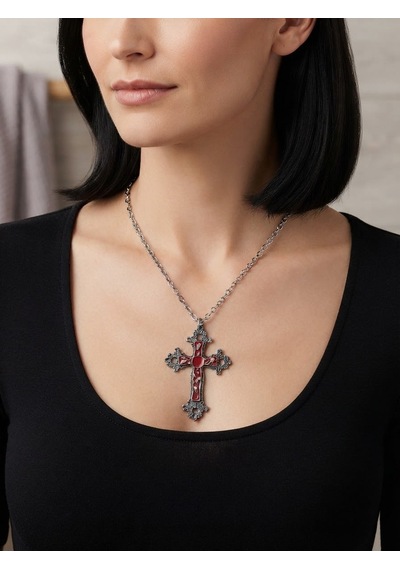 Unisex Haç Kolye Kırmızı Taş Detaylı Gümüş Renk Zincir Kolye Gotik Tarz Unisex Takı Hc97 Kırmızı