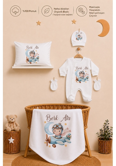 Pia Baby Erkek Bebek Hastane Çıkışı 11 Parça %100 Pamuk Kişiye Özel İsimli Organik Baskılı Set 102811yx Ekru