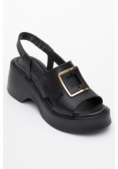 Luvishoes Lucıa Siyah Tokalı Hakiki Deri Kadın Dolgu Topuklu Sandalet Siyah