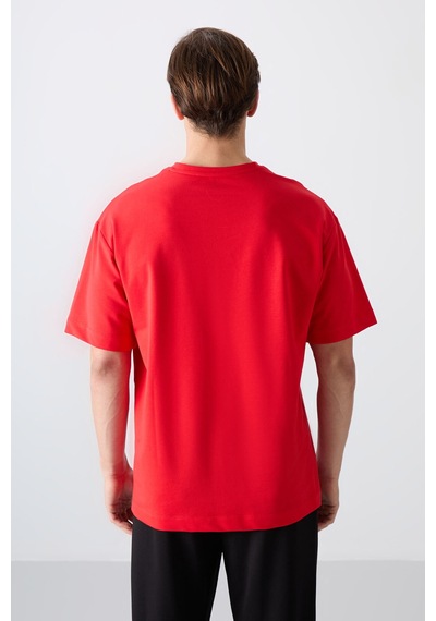 Tommy Life Fiesta Pamuklu Kalın Yumuşak Dokulu Oversize Fit Baskılı Erkek T-shirt - 88343 Kirmizi