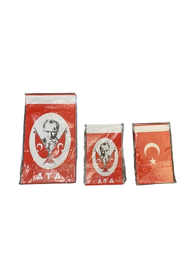 Ata Bayrak Seti - Atatürk Portreli Ve Türk Bayraklı İpli Bayrak 3'lü Set Büyük + Orta Boy Diğer