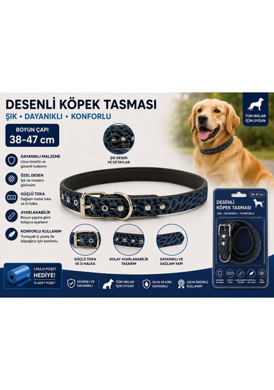 Desenli Köpek Boyun Tasması 38-47 Cm Ayarlanabilir Metal Tokalı D Halkalı - Lacivert Çok Renkli