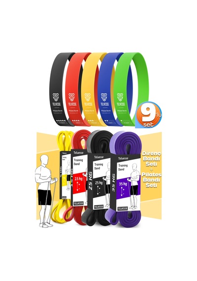 9lu Tera Set 5+15+25+35 Kg + 5li Pilates Direnç Bandı Barfiks Lastiği Loop Band Mix Ton Çok Renkli