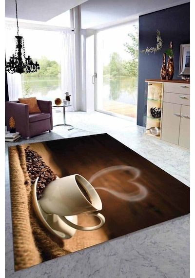 Kahverengi Kaymaz Tabanlı Coffee Temalı Mutfak Halısı Mt28n11