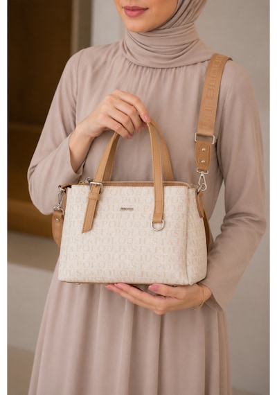 Just Polo Kadın Orta Boy Premium Deri Ayarlanabilir Askılı 3 Bölmeli Şık El & Omuz Çantası Shoulder Bag Krem - Camel