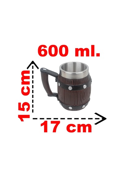 Paslanmaz Çelik İç Hazneli Viking Bira Kupası Ahşap Görünümlü Kulplu Fıçı Tasarım 600 Ml Çok Renkli