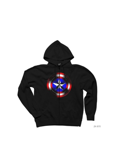 Captain America Shield 2 Siyah Fermuarlı Kapşonlu Sweatshirt Siyah