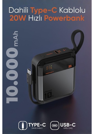 10.000 Mah Mini Type-c Kablolu 20w Hızlı Şarj Fultech Lcd Ekranlı Taşınabilir Powerbank