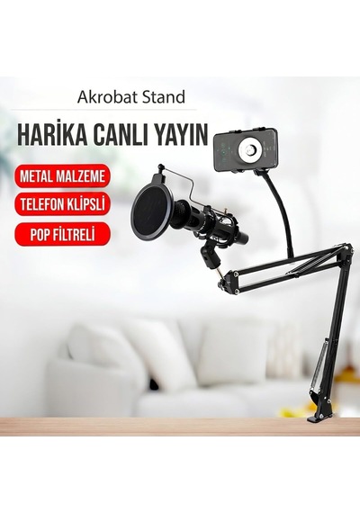 Profesyonel Masa Tipi Akrobat Mikrofon Standı Seti, Pop Filtre, Telefon Tutucu, 360 Ayarlanabilir