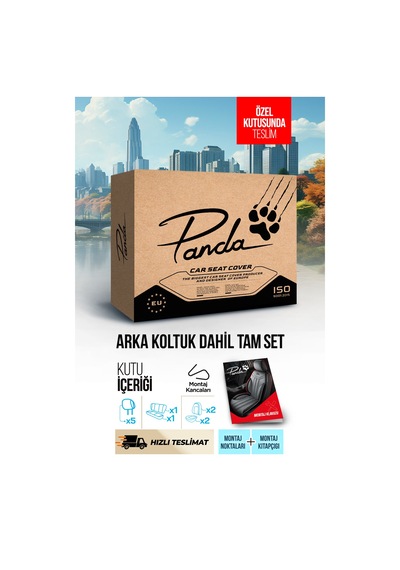 Bej - Siyah Panda Atlanta Serisi Keten Kumaş Oto Koltuk Kılıfı - Tam Set