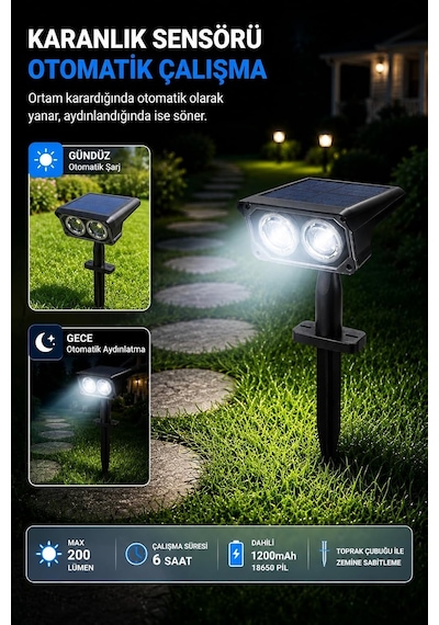 Solar Bahçe Lambası 2w Smd Led, Toprak Çubuklu, Güneş Enerjili Bahçe Aydınlatma, 6500k Beyaz Işık, Karanlık Sensörlü, 200 Lümen, Çim Lambası, Pt-b211