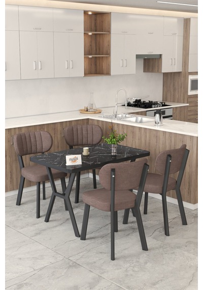 Gnr 70x110cm Sabit Siyah Mutfak Masası Takımı, Yemek Masası, 4 Modern Kahverengi Sandalye Kahverengi
