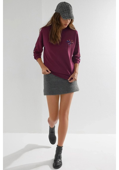 Fiolin Modal Dokulu İşlemeli Bisiklet Yaka Sweatshirt Bordo